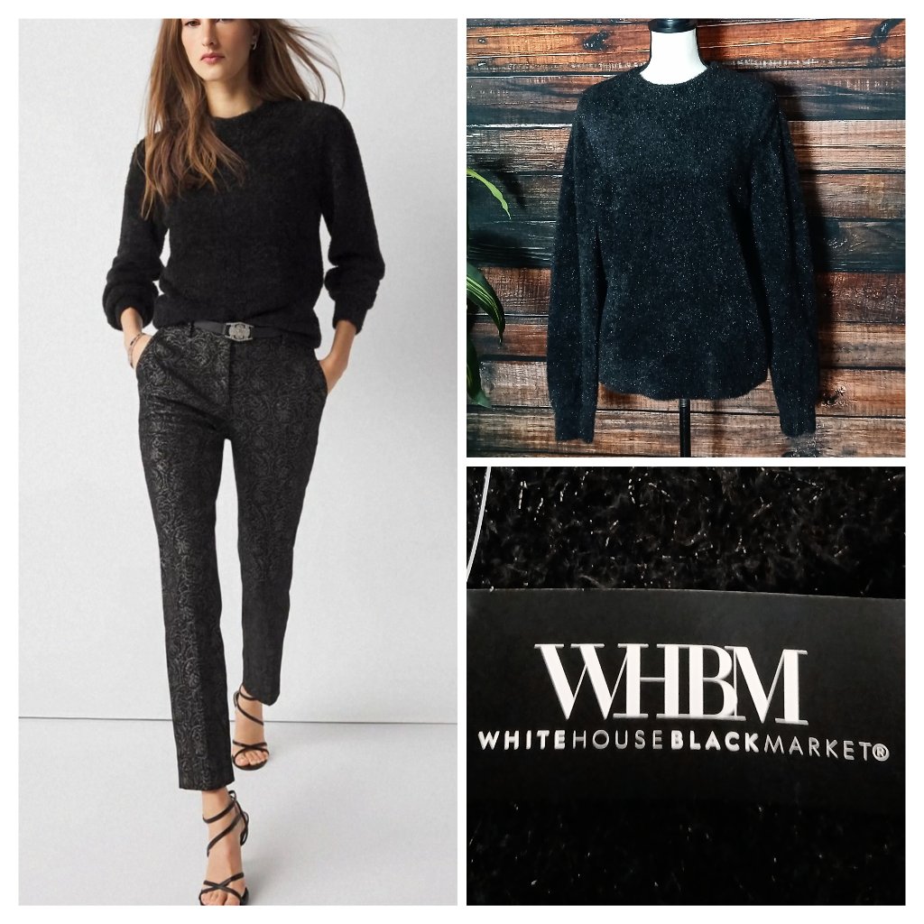 Nwt White House Black Market Sweater Xl Black Metallic Tinsel Soft Faux Fur